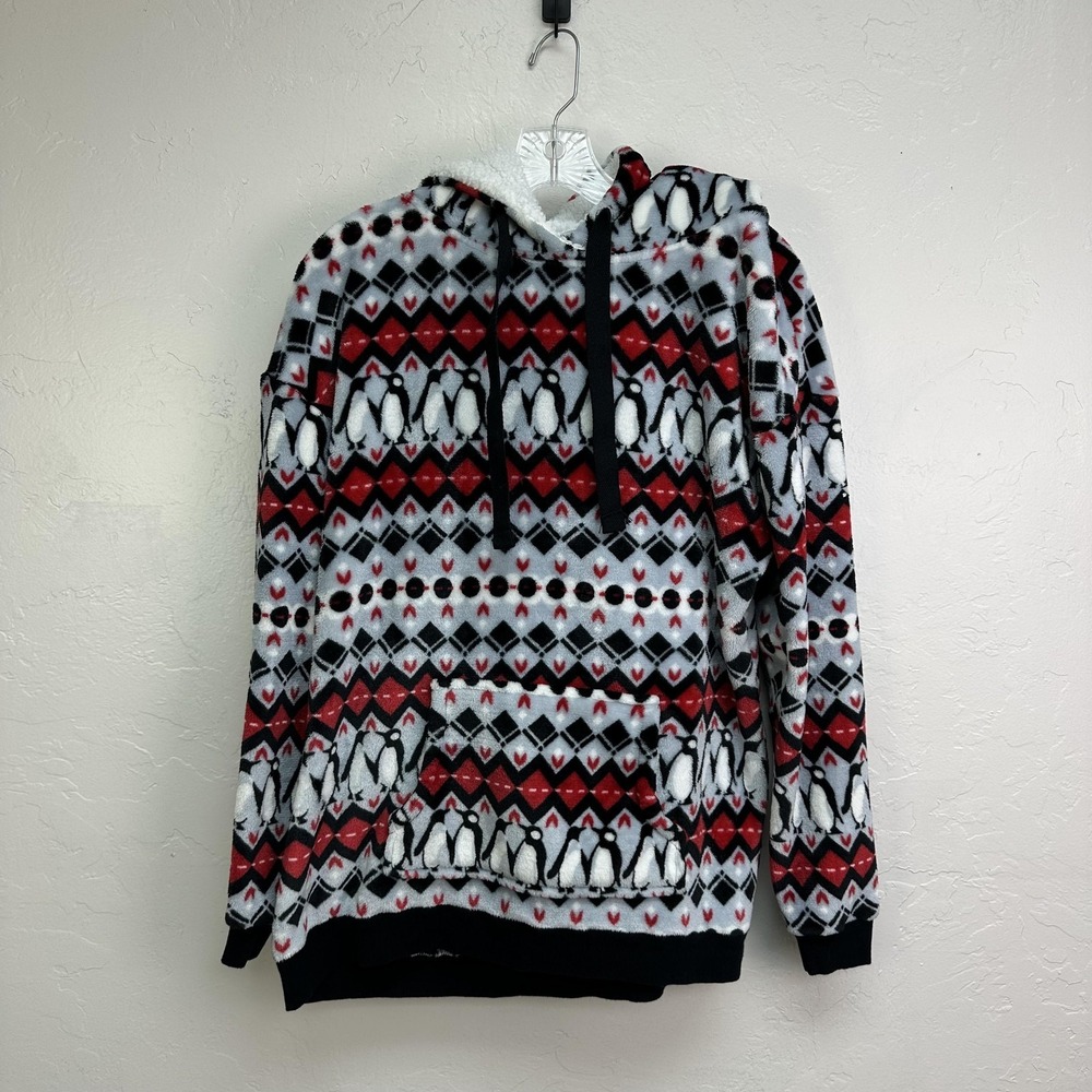 Vera Bradley Hoodie Womens Large Gray Red Fleece Sherpa Lined Penguin Fair Isle